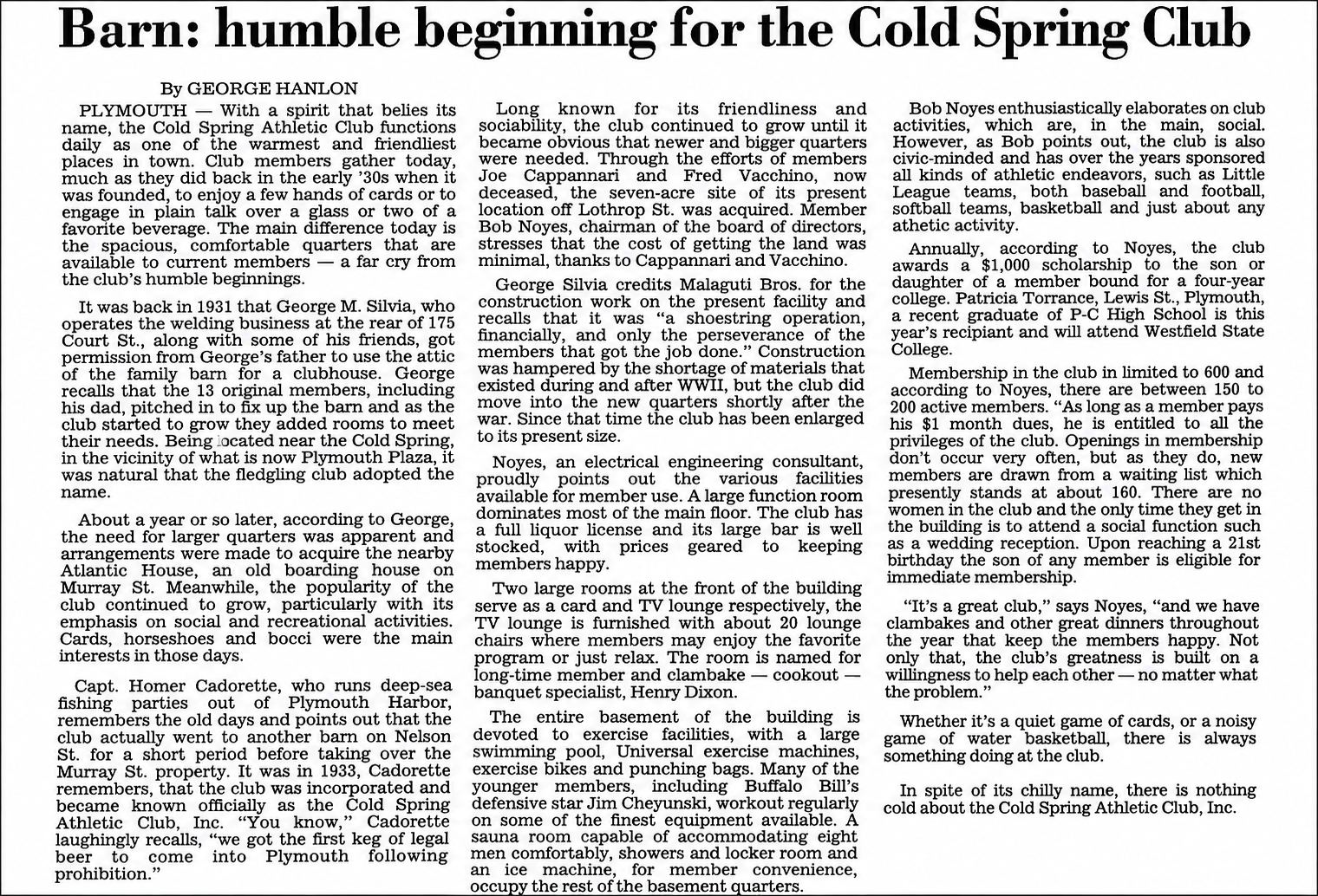 Historical newspaper article about the Cold Spring Athletic Club